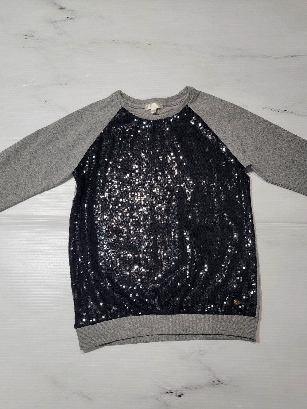 Miss Grant Black Sequin Front Raglan Sweatshirt with Gray Sleeves